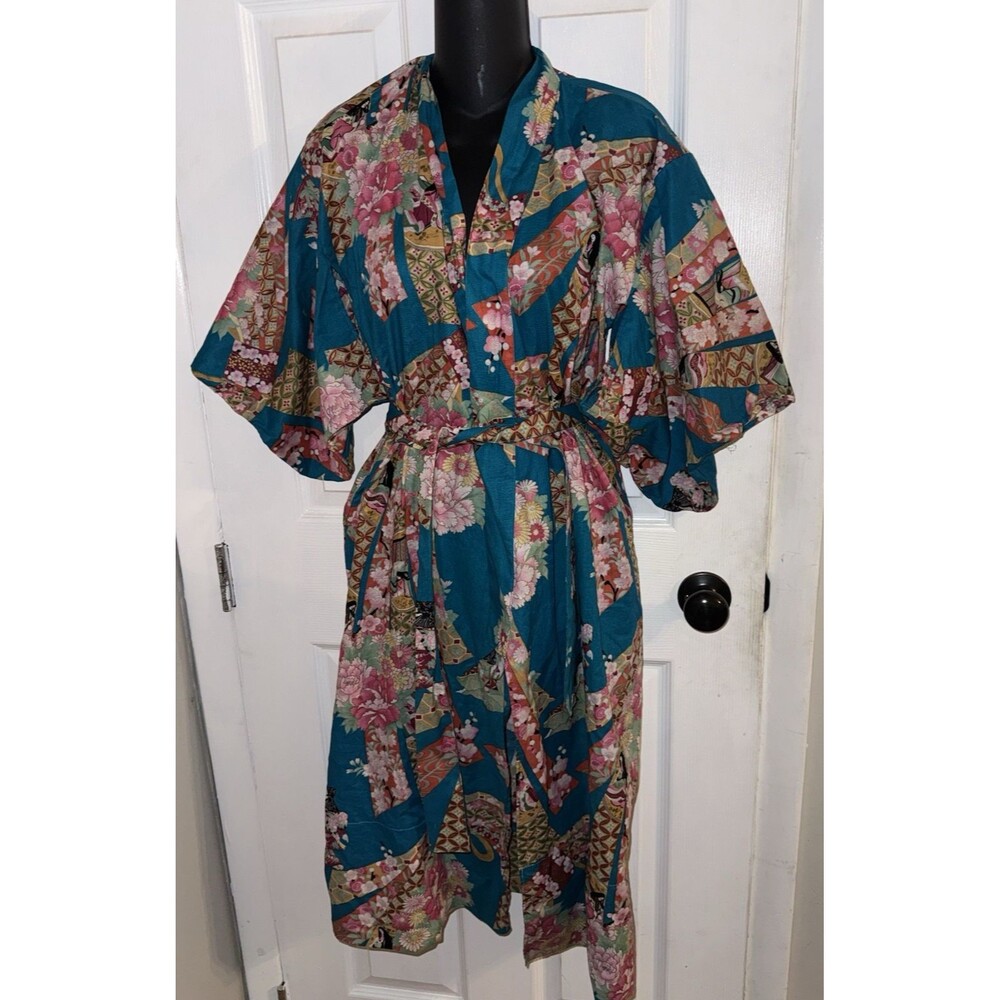 Sakurai Shoji Kimono Japan Teal 100% Floral Cotton 50 inch long